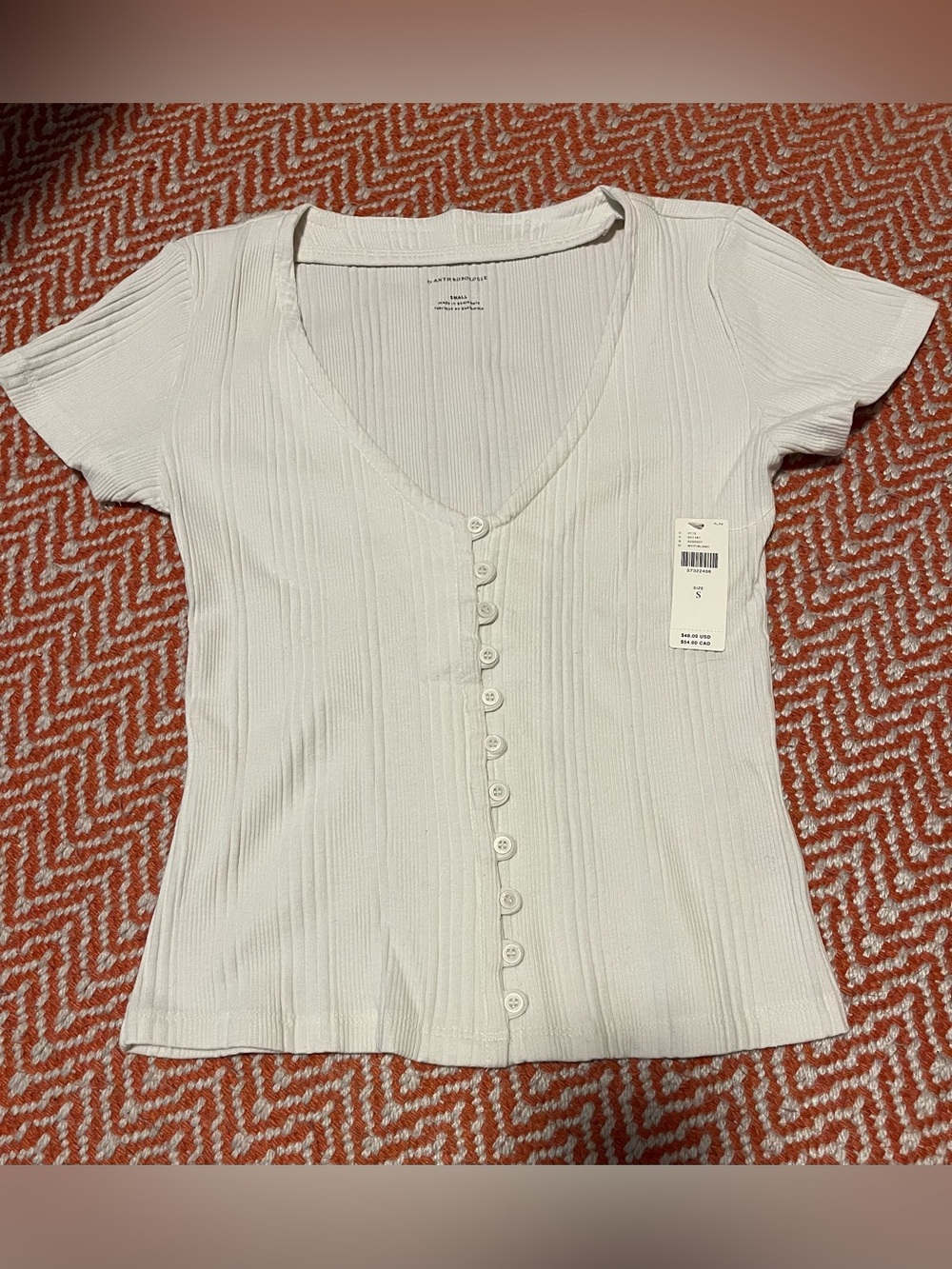 Anthropologie Cream Ribbed Button-Front Short Sleeve Top
